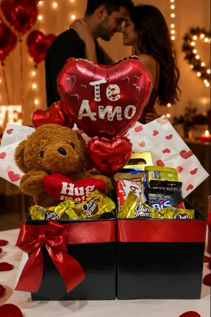 Cesta romântica com chocolates e ursinho